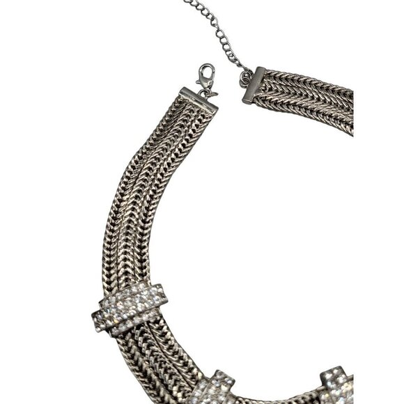 Silver Tone Mesh Collar Necklace Rhinestone Studded Woven 18" Chain - Picture 9 of 15
